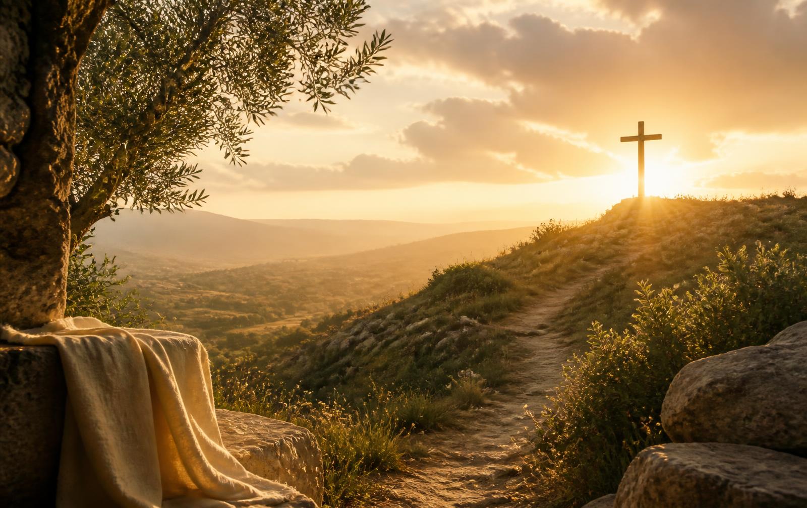 A warm sunrise over a quiet hillside with a wooden cross in the distance